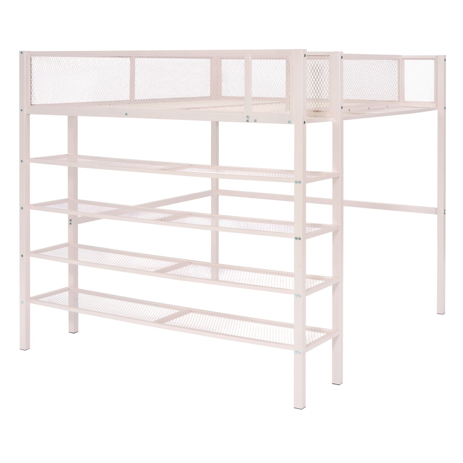 Full Size Loft Bed Metal Bed Frame w/ 4-Tier Shelves & Storage Pink/Black