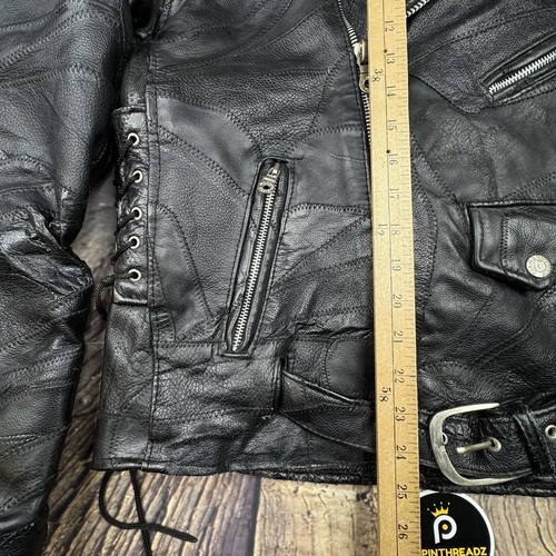 Vtg Diamond Plate Mens Buffalo Leather Motorcycle Jacket Sz M Black Belted Laced - Picture 16 of 18