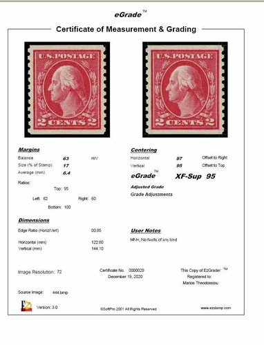 USA SC#444 postfrisch Xf-Sup 95 eGrade Zertifikat zur Verfügung gestellt - Bild 2 von 3