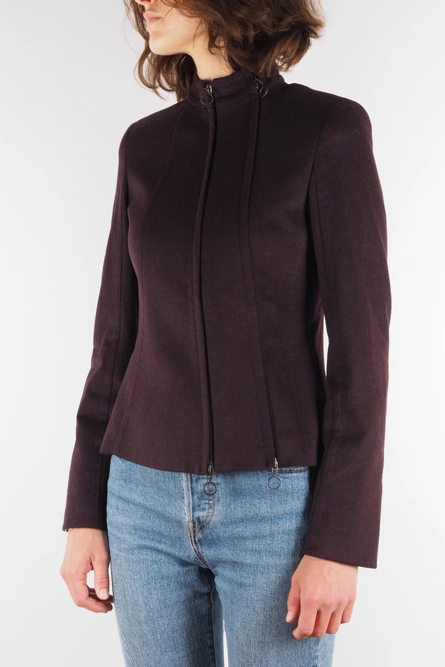 Chaqueta Akris Punto Para Mujer Marrón Oscuro Lana Angora Diseñador Doble Cremallera Talla US2 Foto 2 de 4