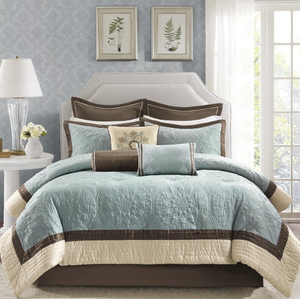 King Or Queen Comforter Set Blue Brown Bedding Bedspread Quilted