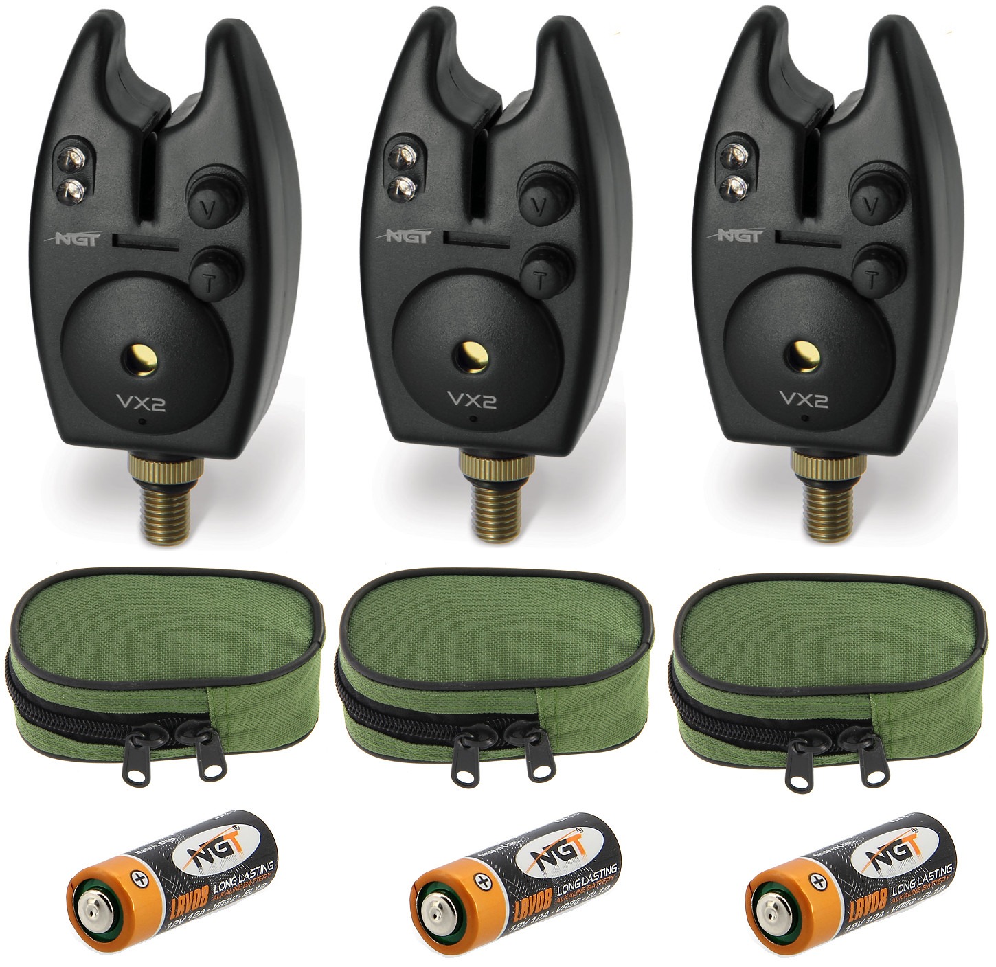 3x NGT VX2 Bite Alarms with Volume & Tone Control Carp Fishing + Batteries