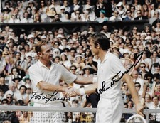 rod laver john newcombe shake hands after the match on grass signed 10x8 photo