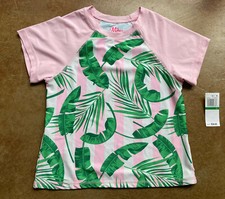 New Miken Big Girls Banana Leaf Pirnt Short Sleeve Swim Top, Large 14-16 