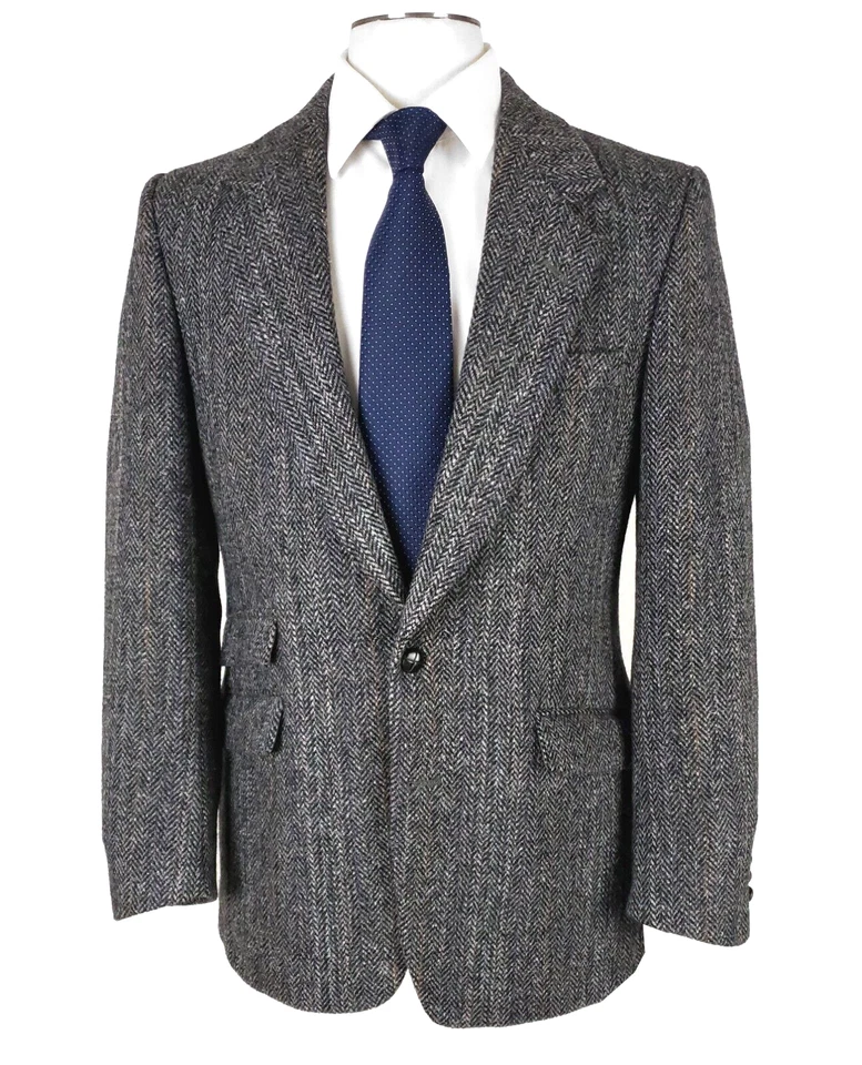 Abrigo deportivo de lana Tweed Herringbone 38R gris con rayas moradas y verdes Foto 2 de 4