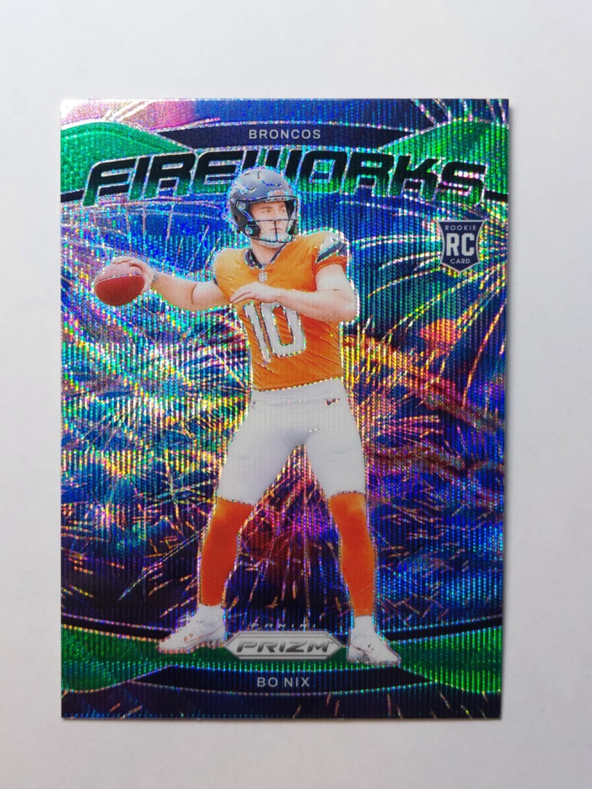 2024 Panini Prizm Football Bo Nix Fireworks Green Prizm RC #23 ROOKIE MINT!