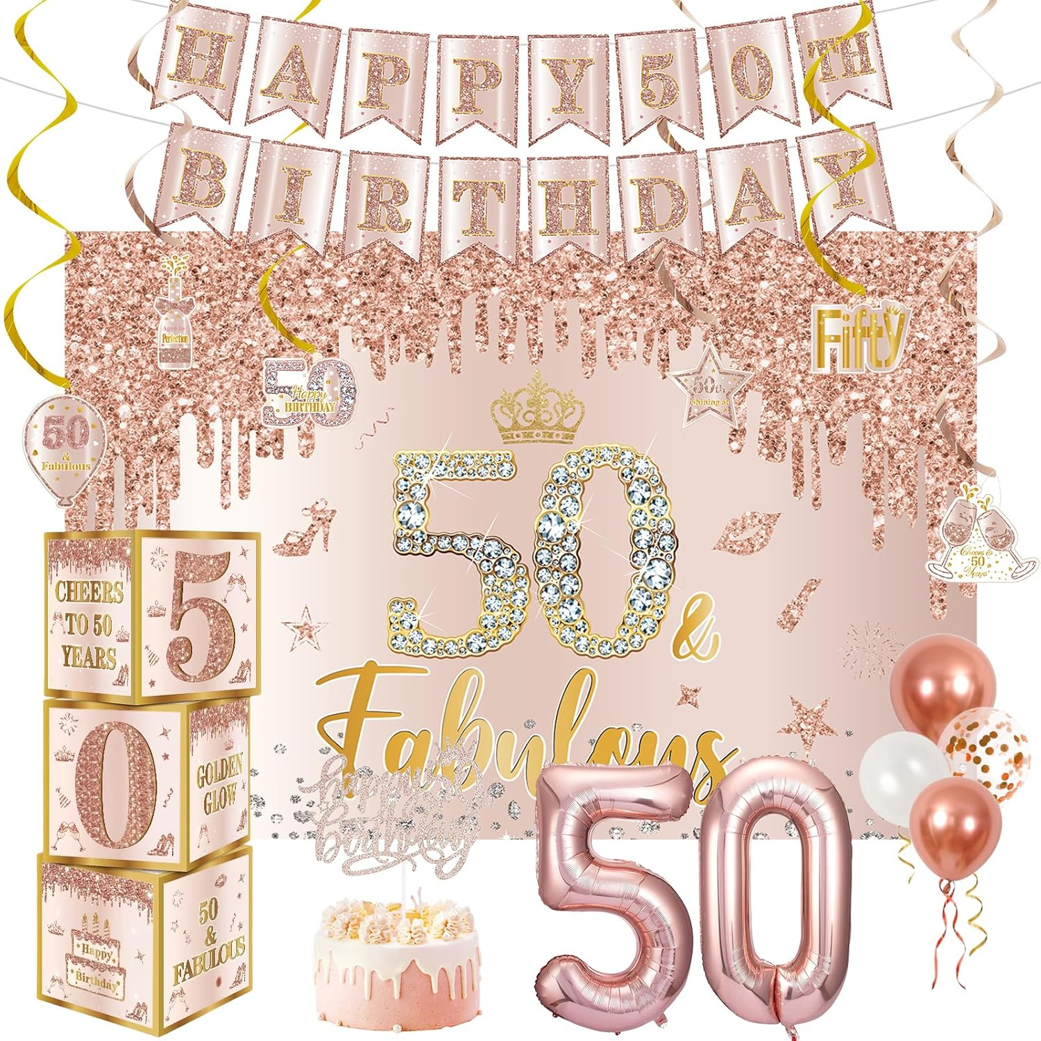 50Th Birthday Decorations for Women, Happy 50Th Birthday Boxes Banner Cake Toppe