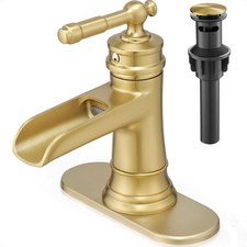 Waterfall Bathroom Sink Faucet, Brass Gold Bathroom Faucet 1 Hole, Single Han...