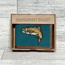Kraftsman Co Needlepoint Bifold Wallet Rainbow Trout Fish Fishing Teal Brown