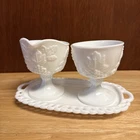 Vintage Indiana Colony Harvest White Milk Glass Cream & Sugar w Tray Grapes