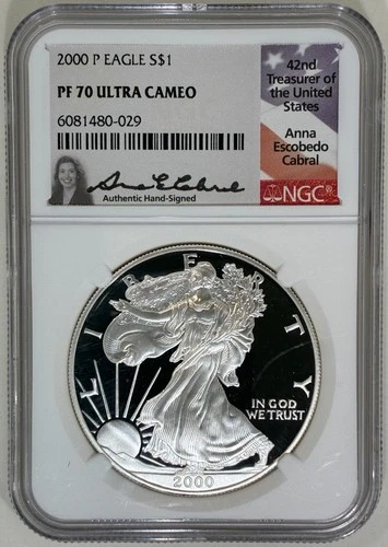 2000-P AMERICAN SILVER EAGLE NGC PR70 ANNA ESCOBEDO CABRAL SIGNED