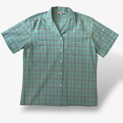 Chemise Lacoste vintage col camp bleu à carreaux manches courtes fabriquée en... - Photo 1/4