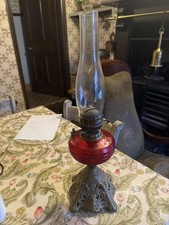 Edwardian antique Duplex Art Nouveau Cottage Oil Lamp with ruby font iron base