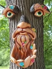 Tree Face Bird Feeder: Tree Trunk Hugger Sculptures - Old Man Yard Art Statue...