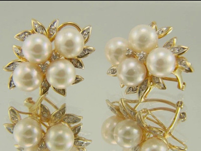 14K Gelbgold Perle & Diamant Blume Cluster Clip-On Ohrringe 0,75 Zoll