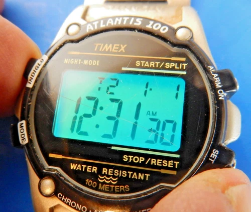 Vintage Timex Atlantis 100 Watch, Wristwatch Indiglo, Water Resistant, Chrono