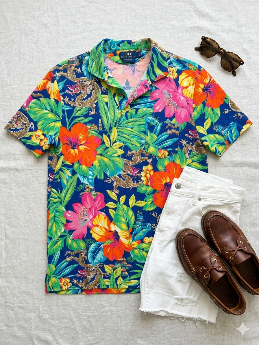美品　POLO RALPH LAUREN Polo Ralph Lauren Dragon Hibiscus Polo Shirt Large Featherweight