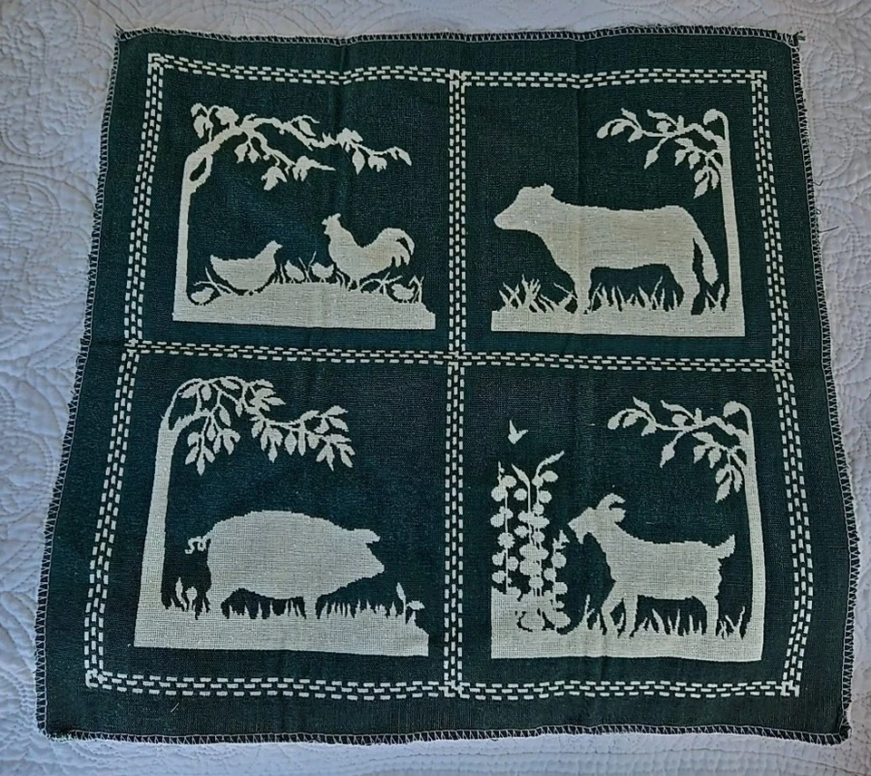 BARNYARD TOILE 挂毯织物面板全新绿色象牙农场动物枕头 18x18 — 第 3/4 张图片