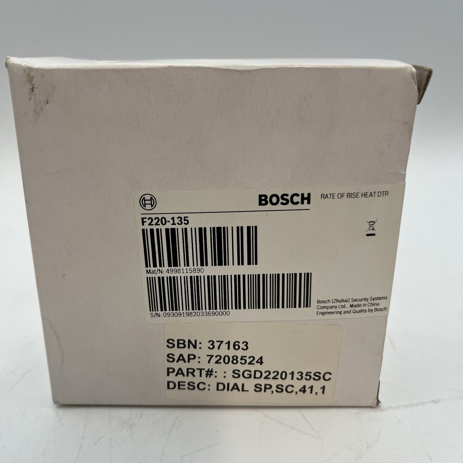NEW!! BOSCH Electronic Rate-of-Rise/Fixed Temperature Heat Detector - F220-135