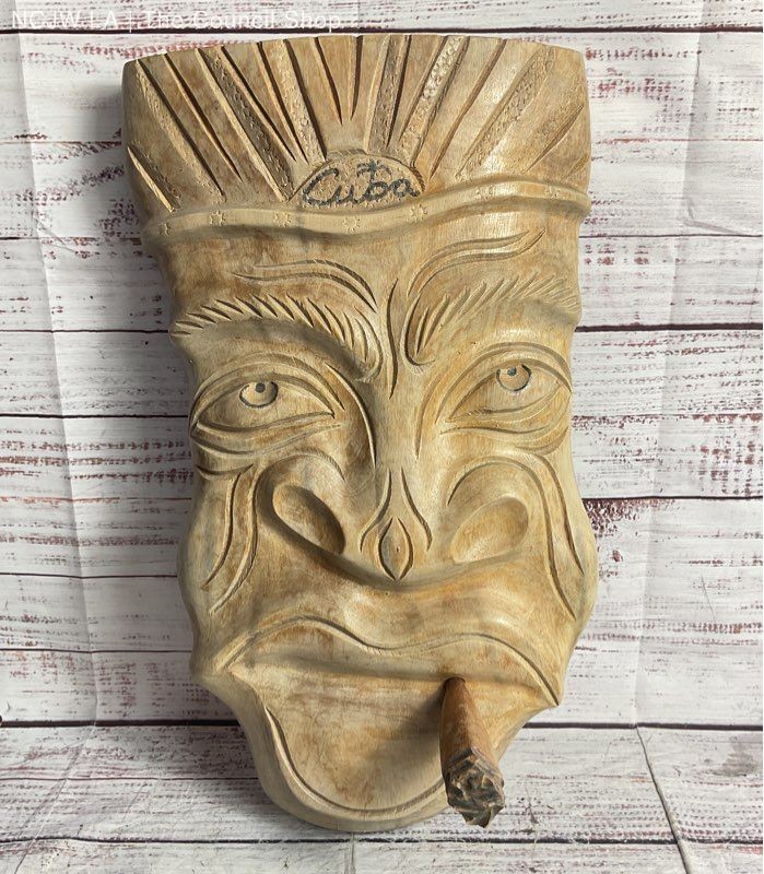 Vintage Hand Carved Cuba 16" Smoking Face Wall Mask Beige
