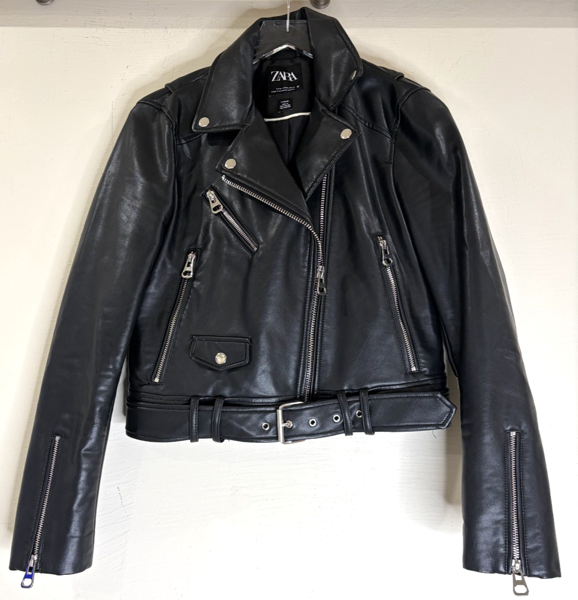 ZARA Sz Medium Black Faux Leather Vegan Notch Collar LS Moto Biker