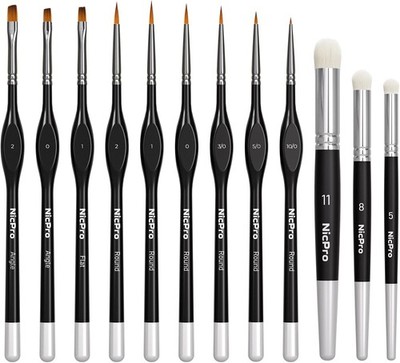 Nicpro 12 Stück Feine Pinsel, Drybrush, Modellbau Pinsel für Acryl, Aquarel, D