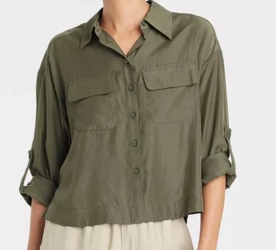 A New Day Shirt Women's Cute Cropped Long Sleeve Utility Size XXL Olive Green