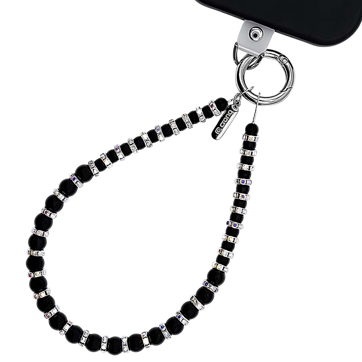 Cordon poignet Crong en perles noires pour smartphone en soirée
