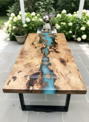 Blue Resin River Live Edge Dining Table | Handmade Epoxy Wood Luxury Furniture