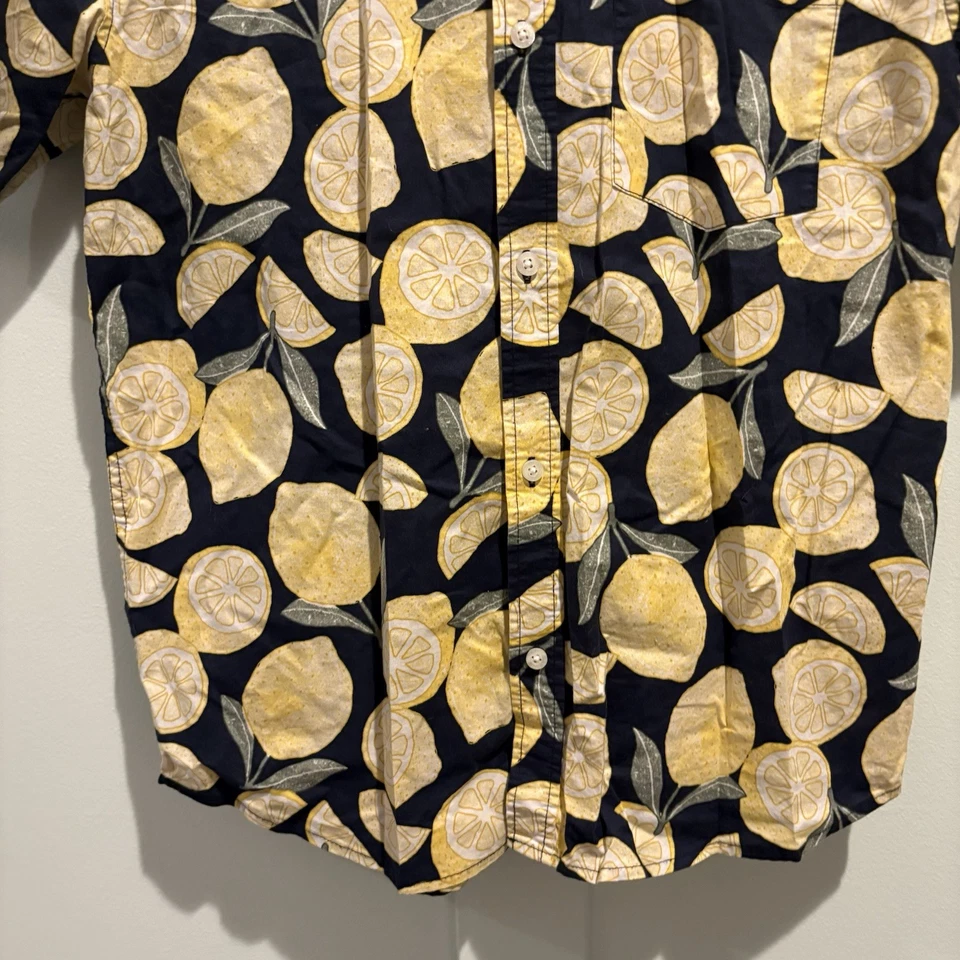 Camisa Hawaiana Antigua Azul Marino Niños XXL 18 Negra Integrada Flex Amarillo Limón Cítricos Campamento Foto 4 de 4