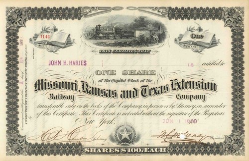 Missouri, Kansas and Texas Extension Railway - The Katy - 1880 dated Railroad