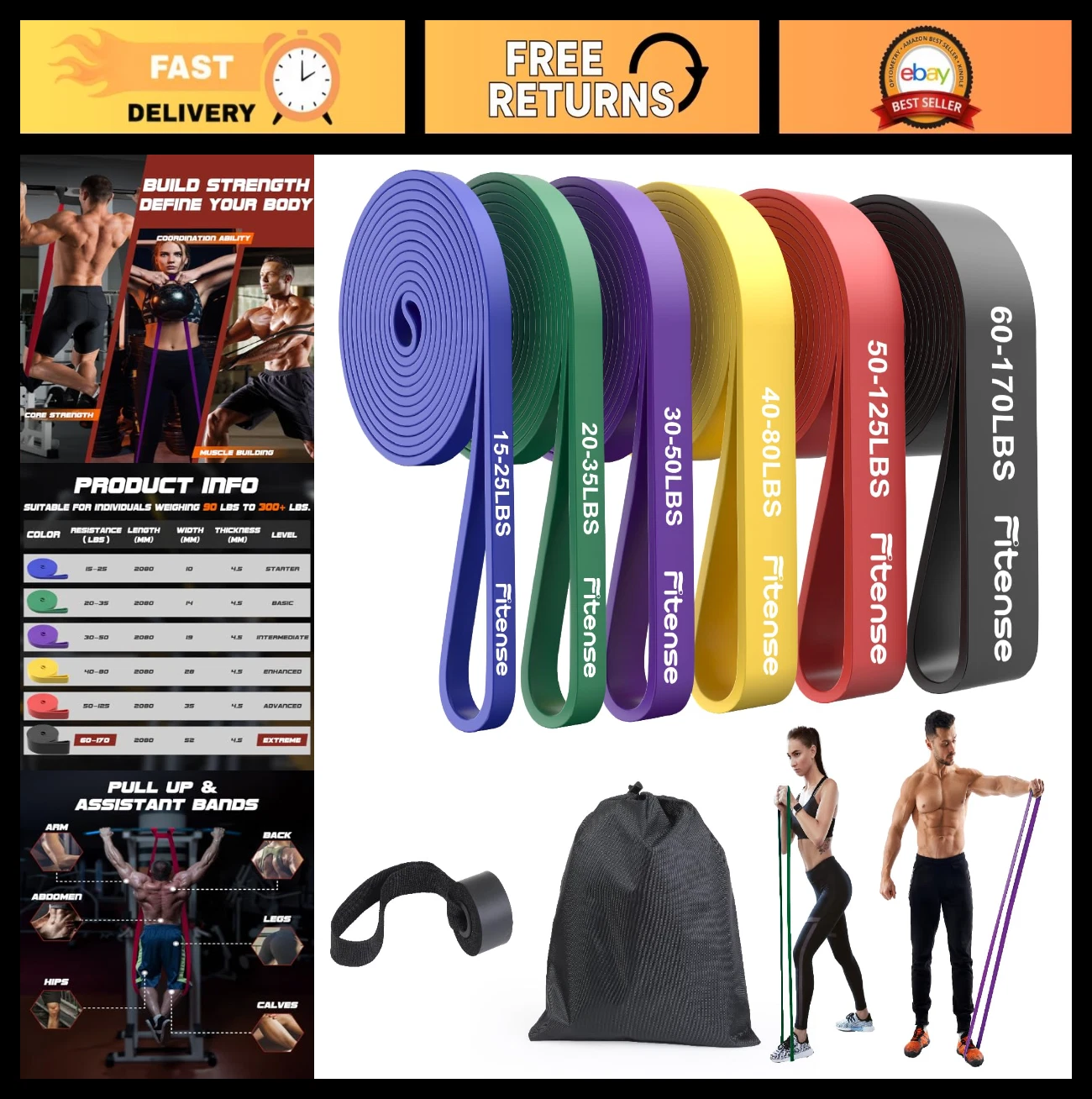 Resistance Bands Set - Pull Up Assist Bands for Men & Women, Exercise Bands with