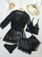 New Black Satin Lace Lingerie Set Cami Tap Pants Bralette Robe Mask Plus 2XL