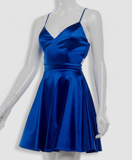 City Studio Juniors' Women Blue Satin V-Neck Lace-Up Back A-Line Dress Size 1
