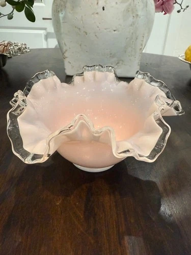 Vintage Fenton Silver Crest Pale Pink Glass with Clear Ruffled Edge