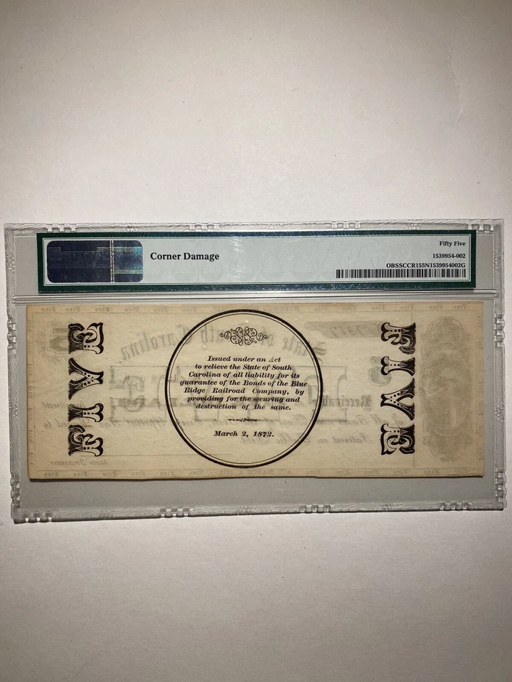 State Of South Carolina Columbia $5 1872 Net About Uncirculated - Image 2 of 2
