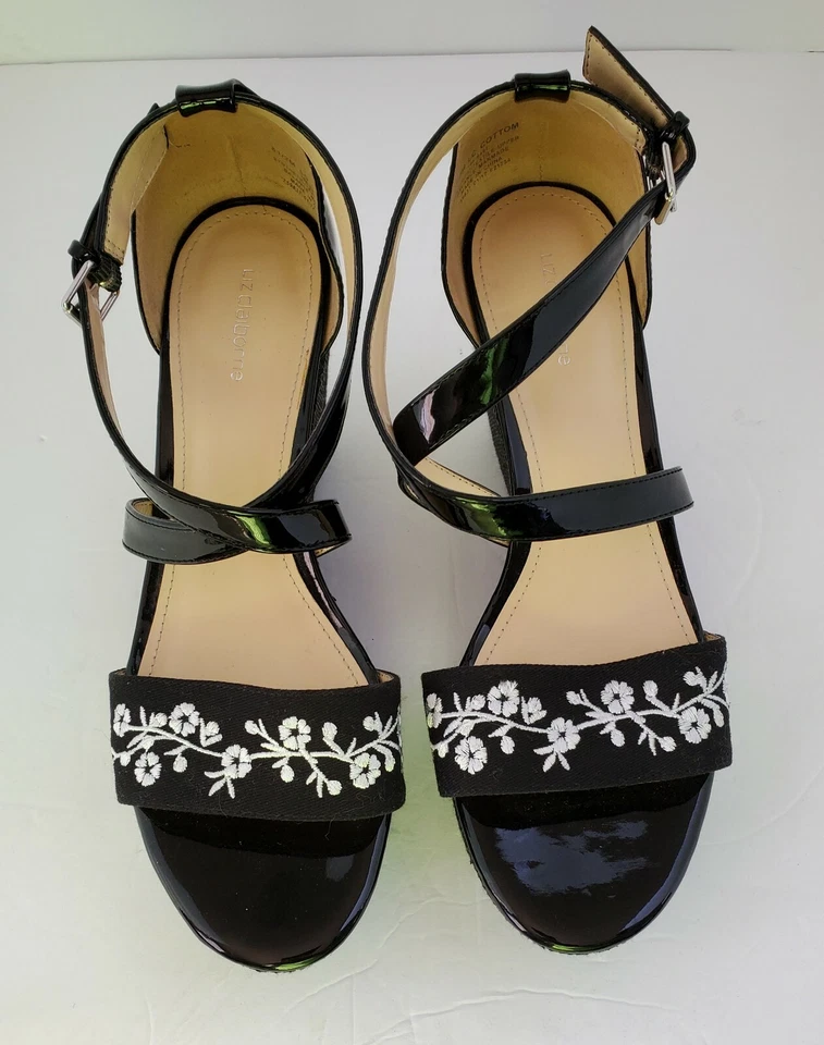LIZ CLAIBORNE Sizes 8.5 Black Strap Wedge Heel Sandal Shoes L C Cottom - Image 3 of 4