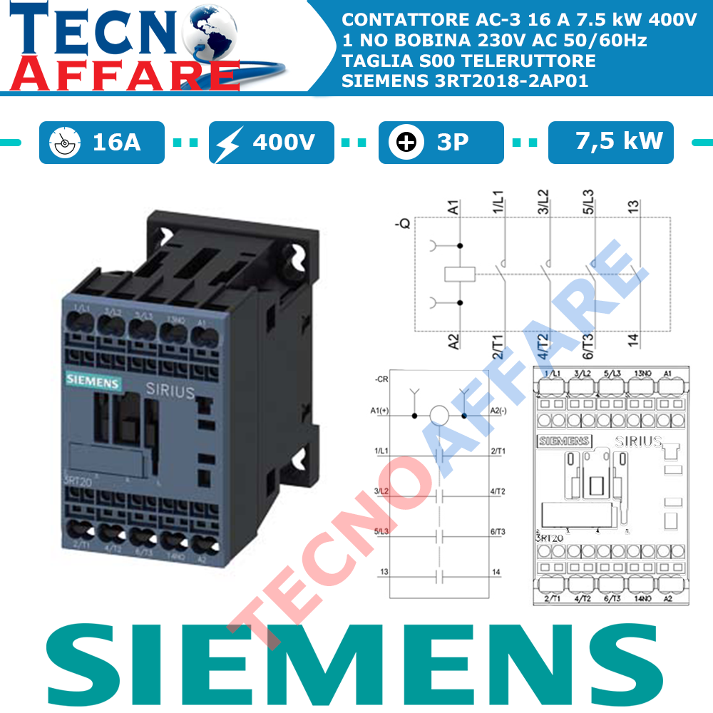 Contattore AC-3P 16A 7,5 kW 400V Bobina 230V Teleruttore Siemens 3RT2018-2AP01