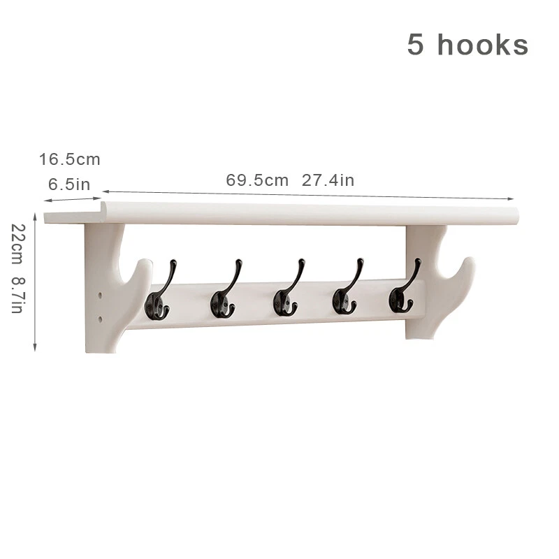 Coat Rack+Shelf Floating Wall Mounted Double Hooks Hanger Rack White 5/7 Hooks - Image 3 of 4