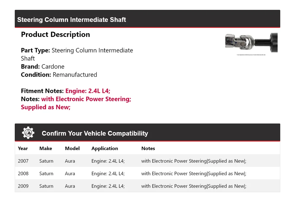 For 2007-2009 Saturn Aura 2.4L L4 Steering Column Intermediate Shaft Cardone - Image 2 of 4