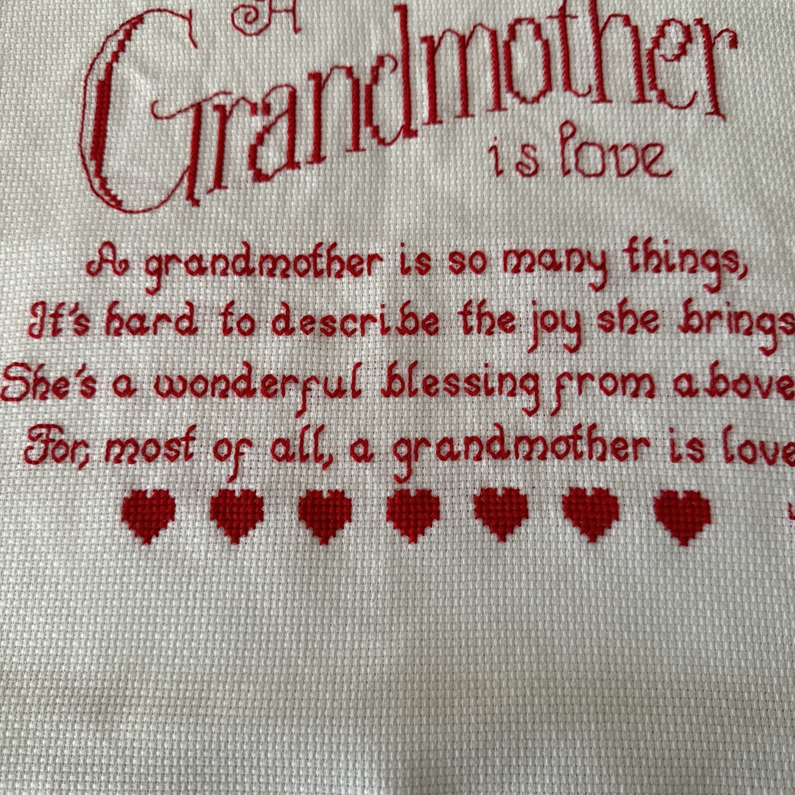 Cross Stitch Sampler Red Unframed Completed Grandmother Is Love Birthday Gift