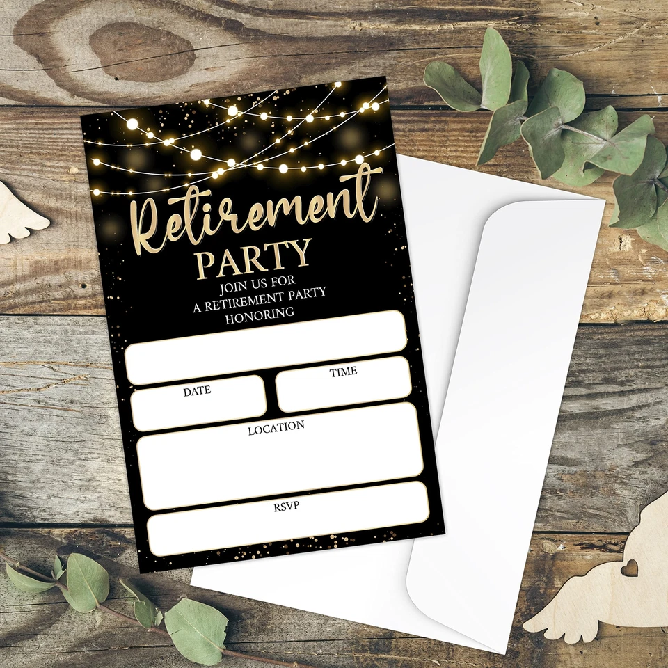 Retirement Party Invitations Cards - Gold Sparkles & Black Surprise party Sup... - Image 3 of 4