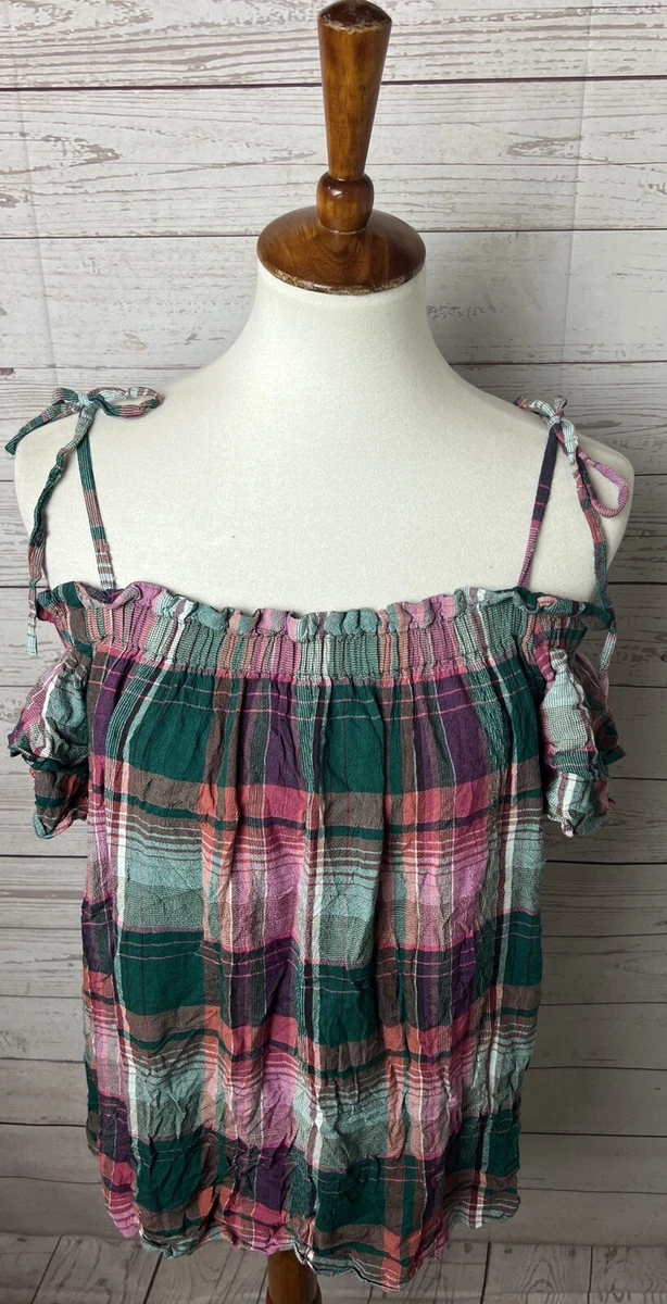 Ann Taylor LOFT Medium Green Orange Plaid Ruffle Off The Shoulder Top Blouse