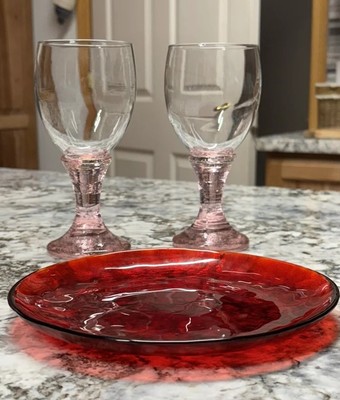   Truly RARE Signed Pink FIRE AND LIGHT Goblets    Plus Rare Red 8  Plate