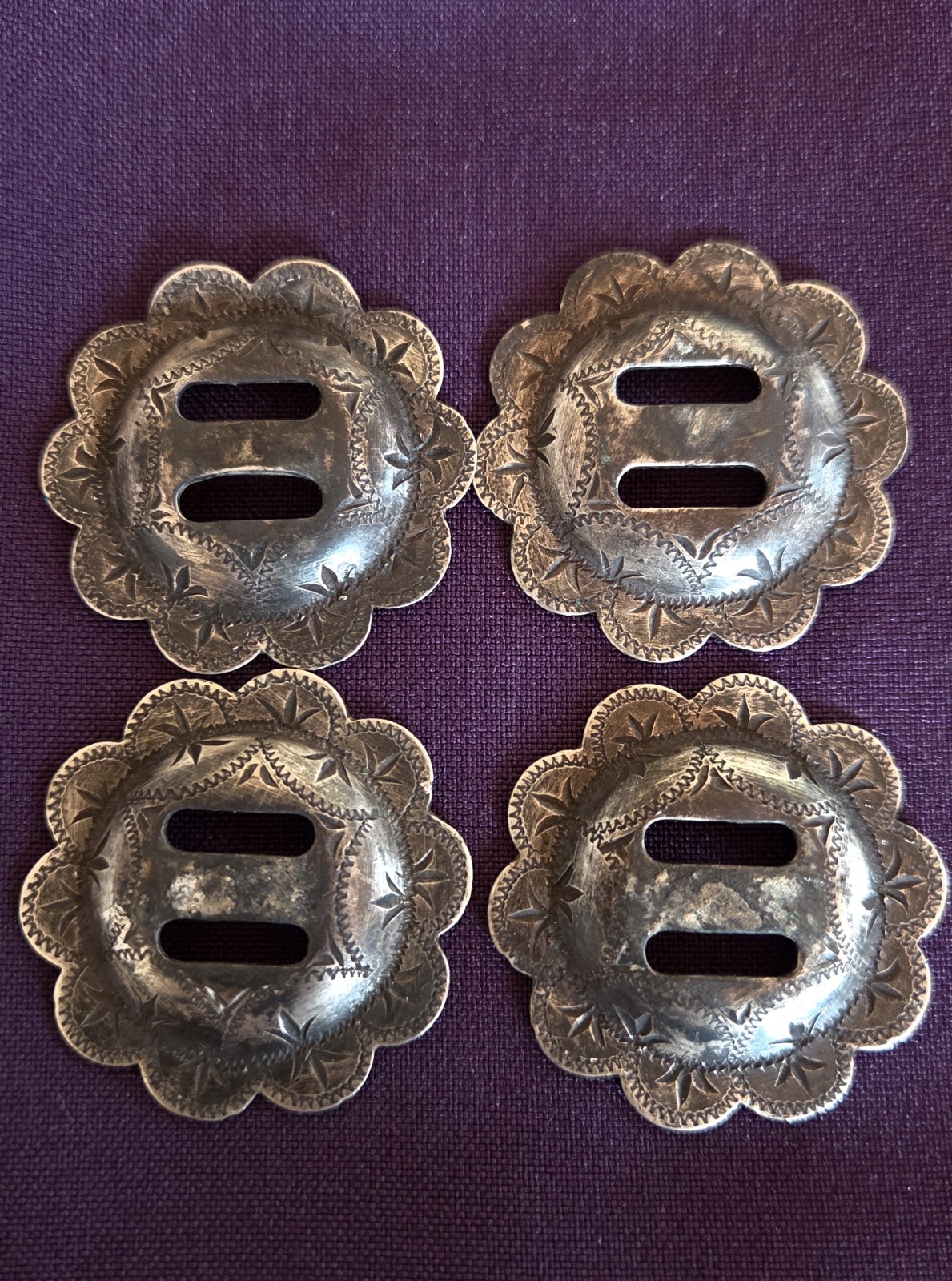 4 Vtg SOLID Sterling Silver Scalloped Headstall Bridle Slotted Conchos - 2 Pair