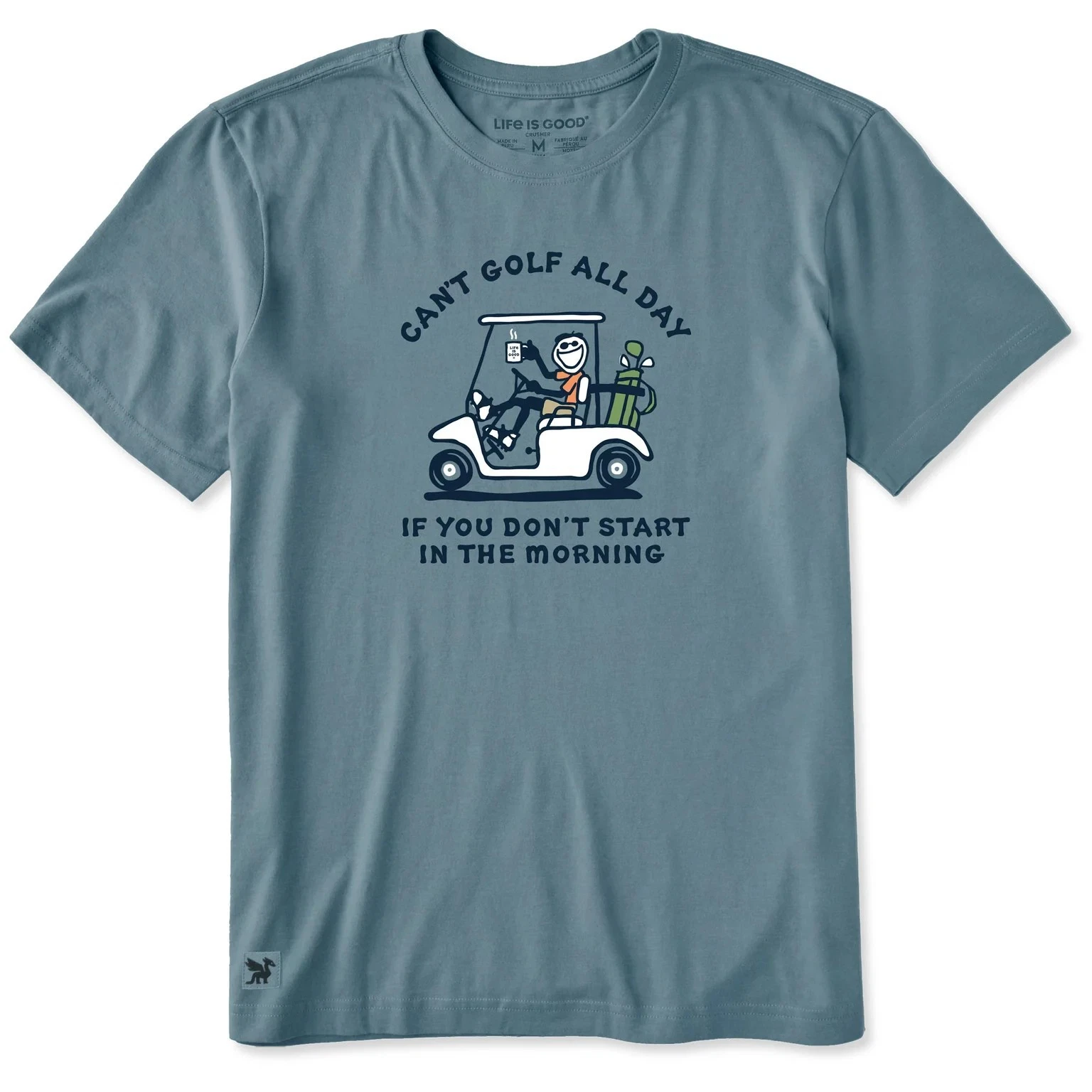 Life is Good. Men's Can't Golf All Day Short Sleeve Crusher Tee, Slate Blue