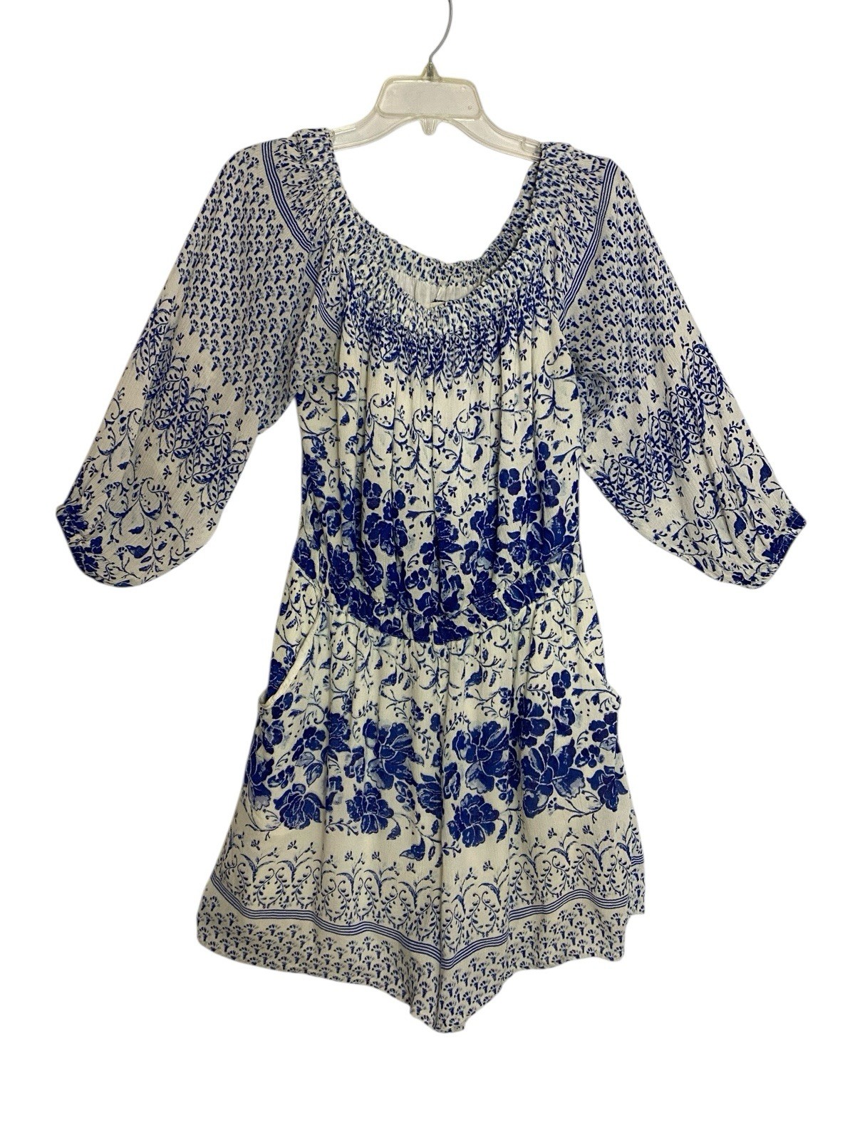 By Anthropologie M Romper Blue Floral Off Shoulder Shorts Cottagecore OB964095