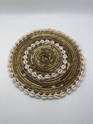 Vintage Handwoven Palm Coil Mat Cowrie Shells Tribal  Wall Hanging Table Accent