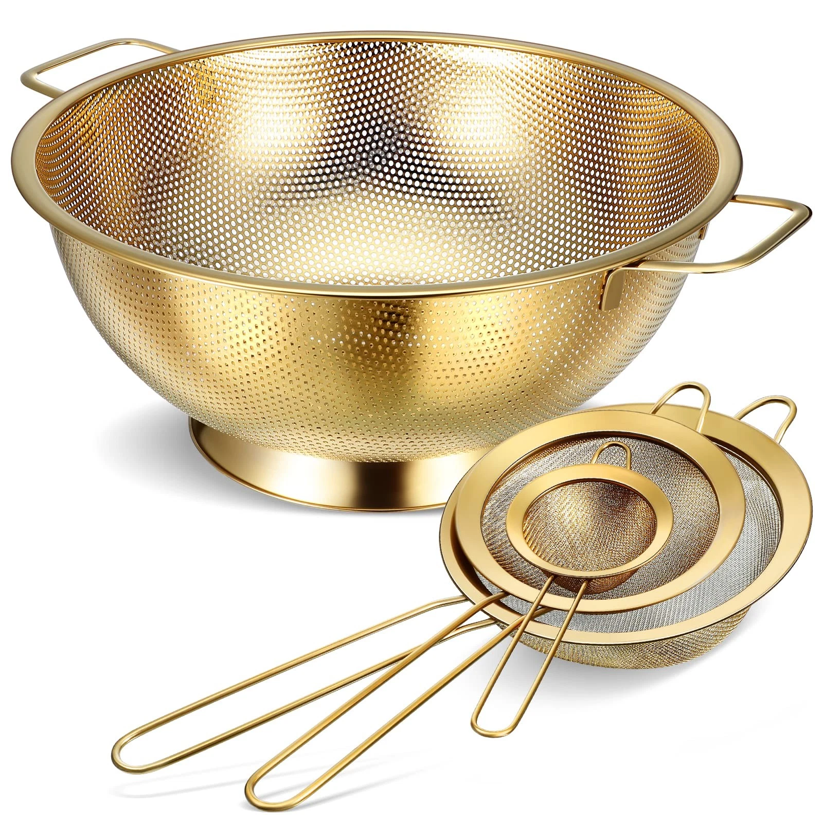 5 Quart Stainless Steel Gold Colander and 3 Pcs Gold Fine Mesh Strainer, Stai...