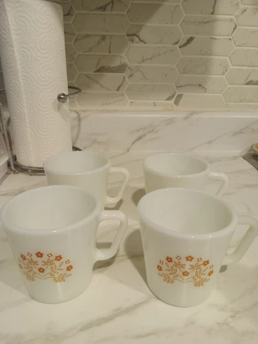 4pc Set D Handle Pyrex Summer Impressions Ginger Brown Flower Coffee Cup Mug Vtg